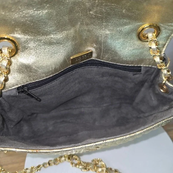 Bally Gold Quilted Lambskin Leather Crossbody Bag Purse Gold Chain Small Vintage - Picture 12 of 15